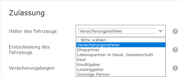 Angabe des abweichenden Halters im Kfz Versicherungsvergleich 