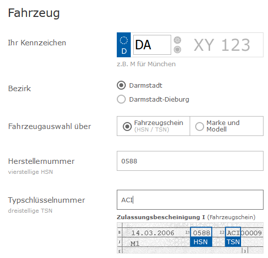 Kfz Code HSN und TSN für Kfz-Versicherungsvergleich